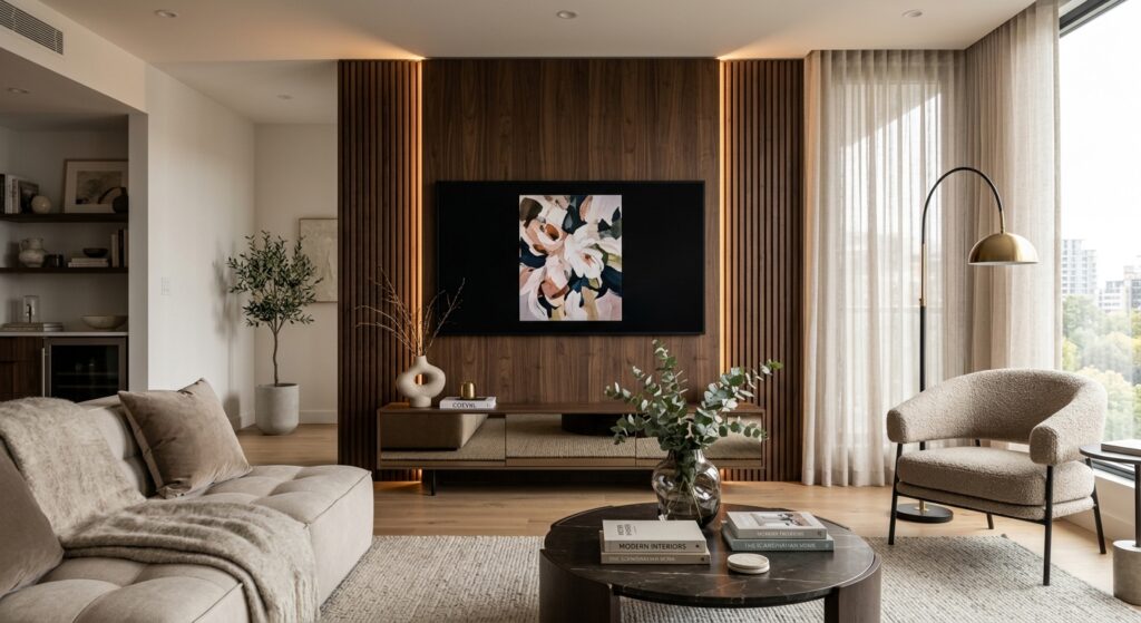 A professional, high-end interior design shot of a modern living room featuring a stylish, sophistic