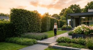 A professional editorial-style shot of a lush, dense, and modern privacy hedge in a beautifully mani