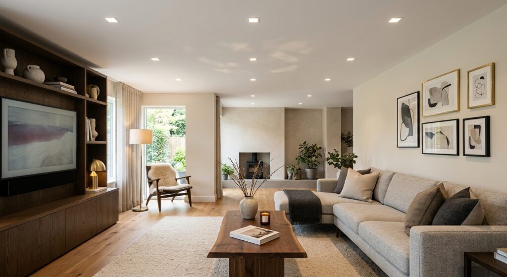 A professional interior design shot of a modern, cozy living room with a low ceiling featuring sleek