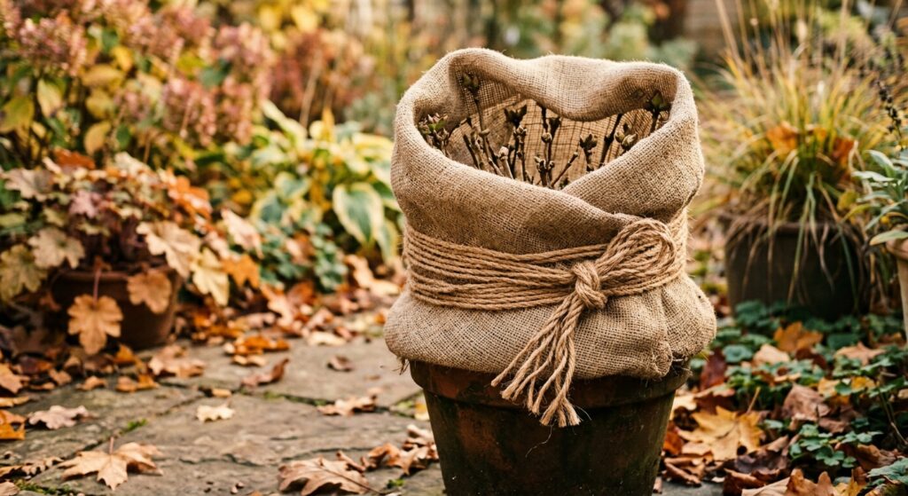 A cozy, editorial-style close-up of a garden plant carefully wrapped in burlap and natural jute twin