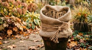 A cozy, editorial-style close-up of a garden plant carefully wrapped in burlap and natural jute twin