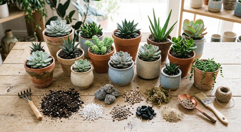 A high-angle, professional editorial shot of various succulents in stylish terracotta and ceramic po