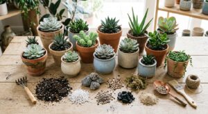 A high-angle, professional editorial shot of various succulents in stylish terracotta and ceramic po