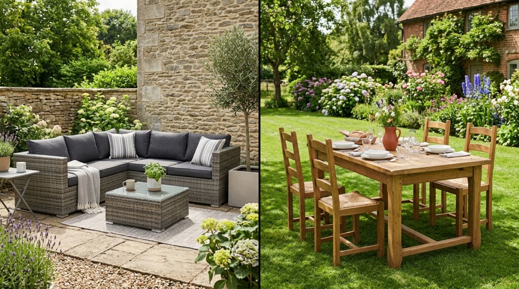 A professional editorial split-screen composition comparing a modern technorattan seating set on a s
