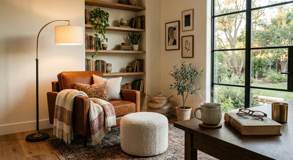 A cozy, aesthetically pleasing reading nook bathed in warm, ambient lighting from a stylish floor la