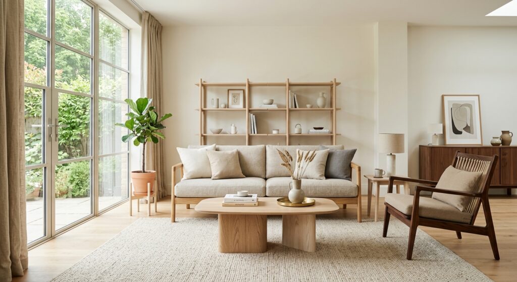 A professional editorial photograph of a modern, bright living room interior featuring a harmonious