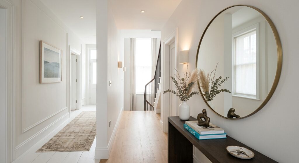 A high-end editorial interior photograph of a small, narrow hallway made to look spacious and bright