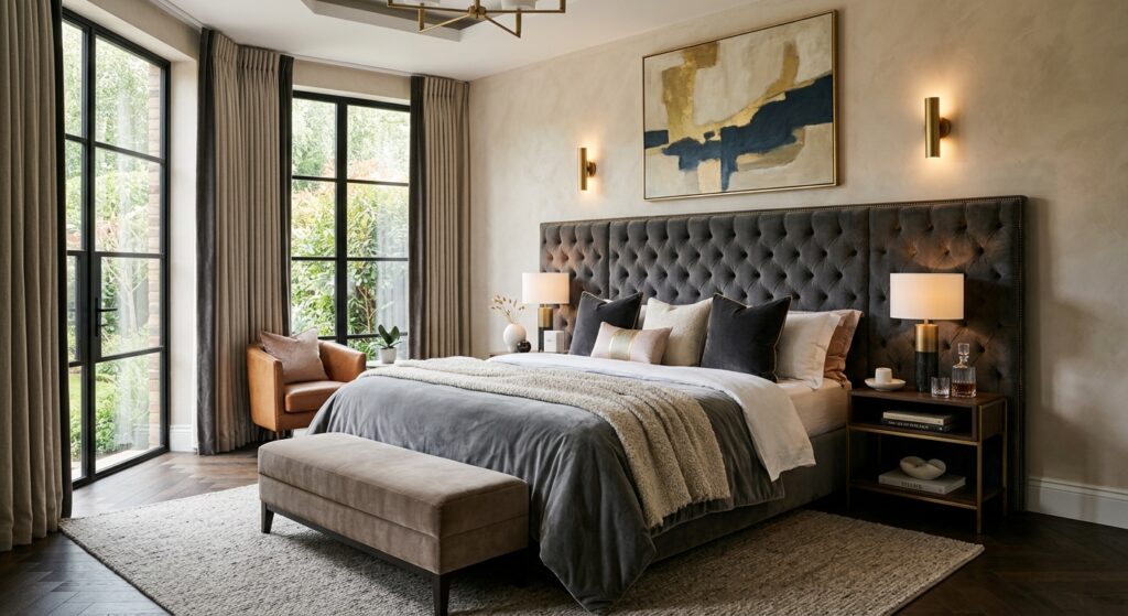 A luxurious, modern bedroom interior featuring a plush velvet upholstered headboard as the central f