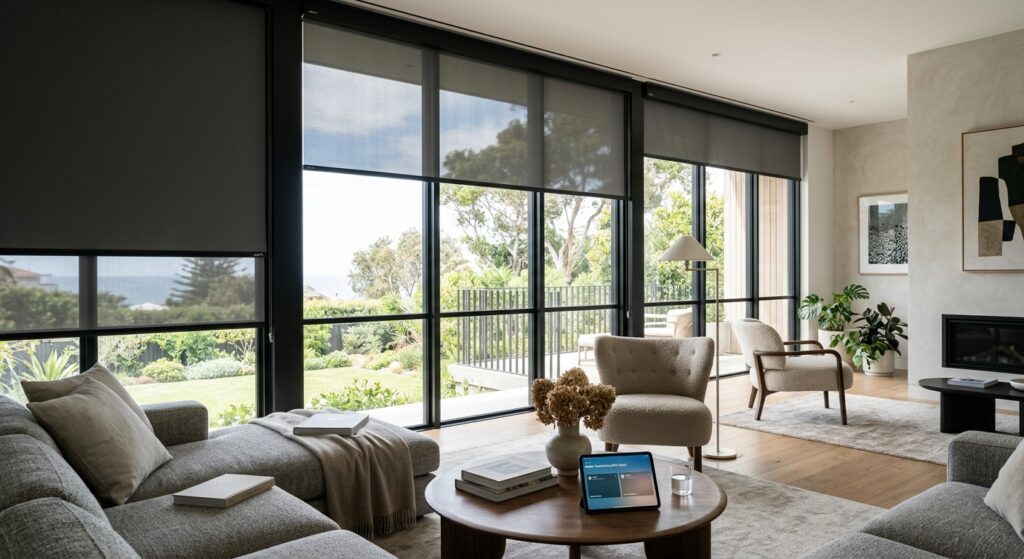 A sophisticated, modern living room interior with large windows featuring automated smart blinds tra