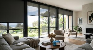 A sophisticated, modern living room interior with large windows featuring automated smart blinds tra