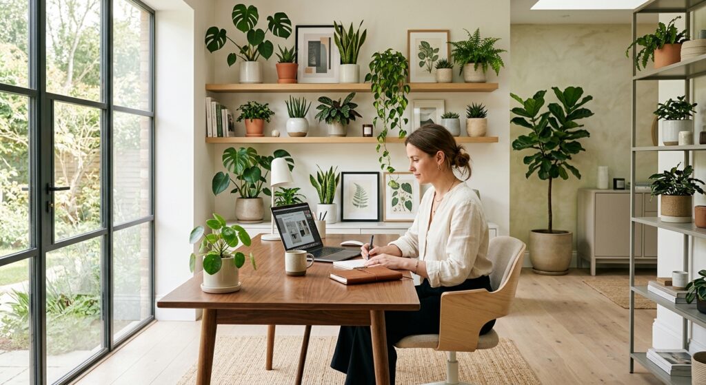 A professional, editorial-style photograph of a modern, sunlit home office featuring a curated colle