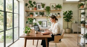 A professional, editorial-style photograph of a modern, sunlit home office featuring a curated colle