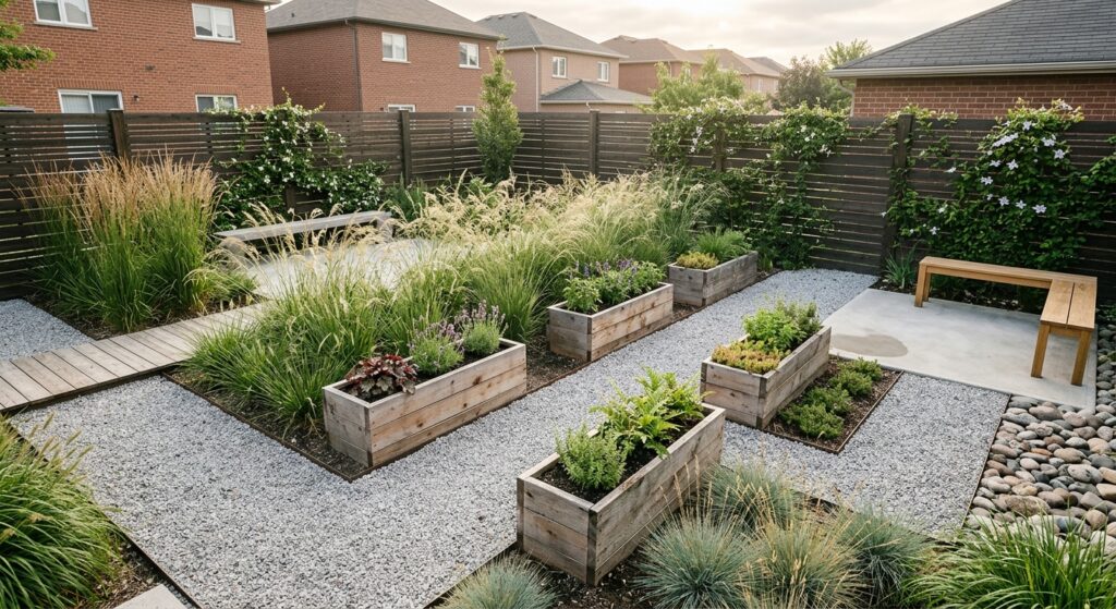 A high-angle, editorial-style photograph of a small, modern minimalist garden featuring clean lines,