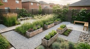 A high-angle, editorial-style photograph of a small, modern minimalist garden featuring clean lines,