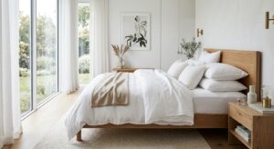 A bright, modern, minimalist bedroom interior featuring a comfortable bed with crisp white linens an
