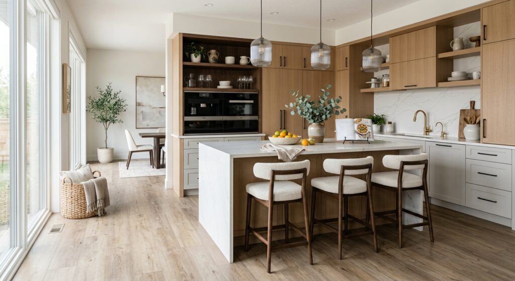 A high-end, editorial-style interior photography shot of a modern, bright kitchen featuring sleek lu