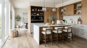 A high-end, editorial-style interior photography shot of a modern, bright kitchen featuring sleek lu