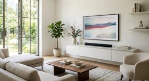 A sleek, modern living room interior featuring an elegantly organized media console with no visible