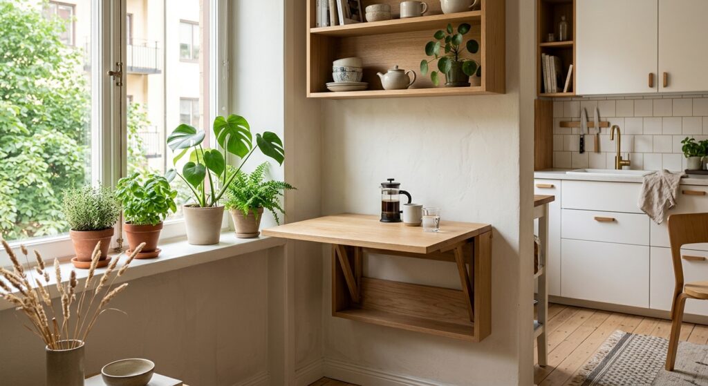 A high-end, editorial-style photograph of a sleek, minimalist wooden folding table mounted in a tiny