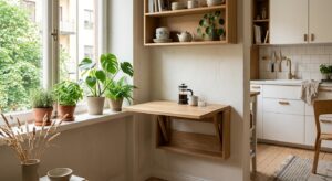 A high-end, editorial-style photograph of a sleek, minimalist wooden folding table mounted in a tiny