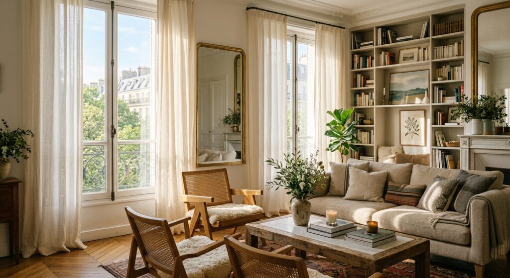 A bright, sun-drenched living room with sheer linen curtains diffusing soft morning light, captured