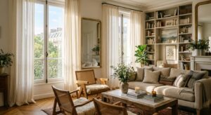 A bright, sun-drenched living room with sheer linen curtains diffusing soft morning light, captured