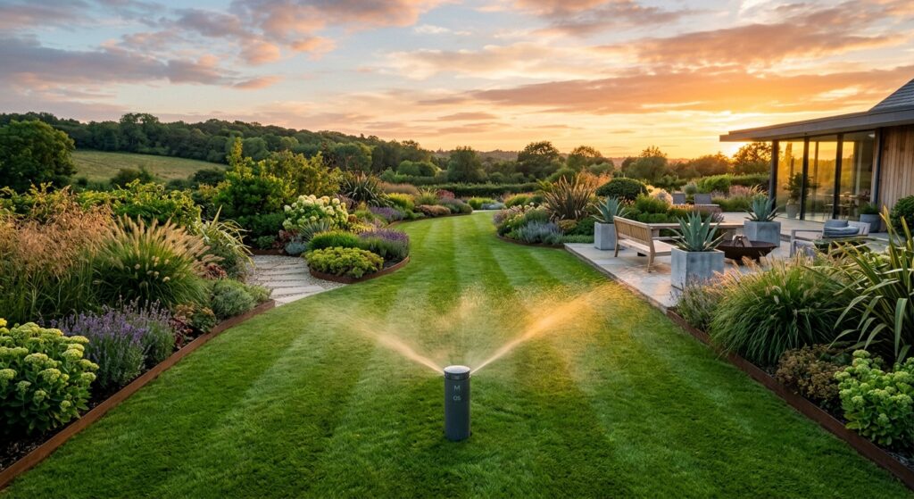 A sophisticated, high-angle editorial photograph of a lush modern garden featuring a minimalist smar