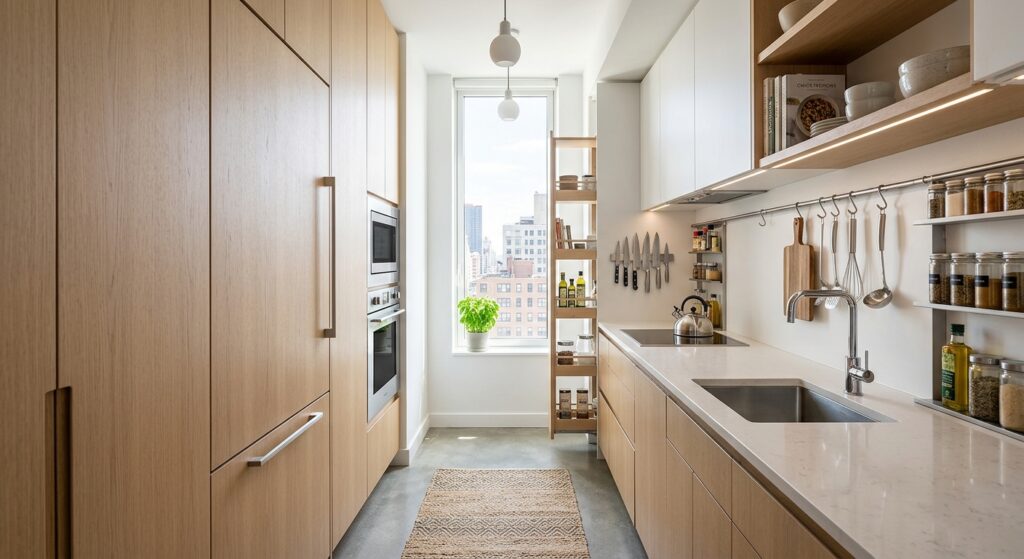 A bright, professional editorial photograph of a modern, ultra-narrow kitchen with clever space-savi