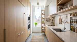 A bright, professional editorial photograph of a modern, ultra-narrow kitchen with clever space-savi