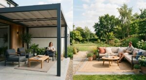 A professional lifestyle photography shot showing a split composition featuring a sleek modern patio