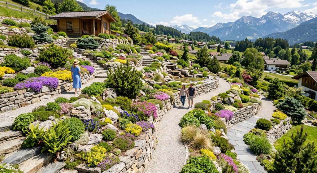 A professional, high-angle editorial photograph of a lush multi-level rock garden in full sunlight,