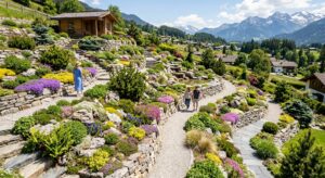 A professional, high-angle editorial photograph of a lush multi-level rock garden in full sunlight,