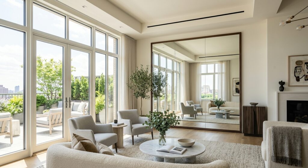 A bright, sophisticated modern living room featuring a large, elegant floor-to-ceiling mirror that r