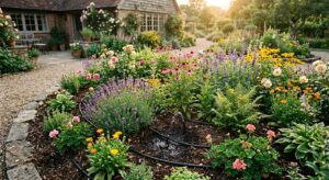 A high-angle, professional editorial shot of a lush home garden bed with a subtle, modern drip irrig