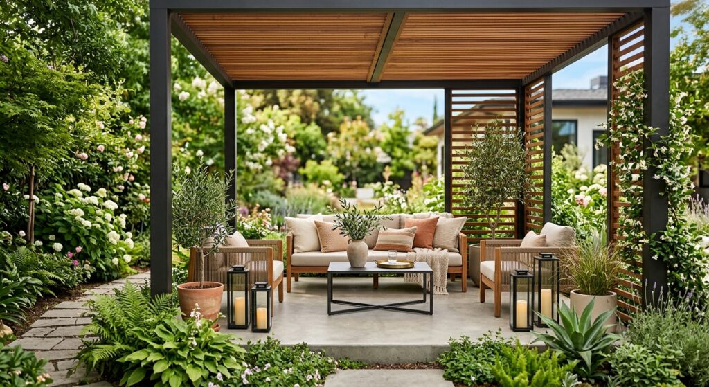 A professional, editorial-style photograph of a sunlit modern gazebo featuring chic minimalist outdo