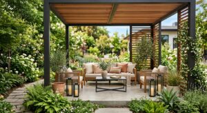 A professional, editorial-style photograph of a sunlit modern gazebo featuring chic minimalist outdo
