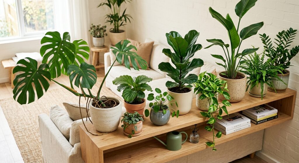 A high-angle, editorial-style photograph of a vibrant collection of exotic indoor plants, such as a