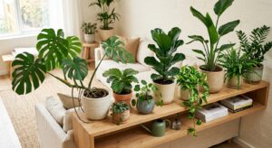 A high-angle, editorial-style photograph of a vibrant collection of exotic indoor plants, such as a