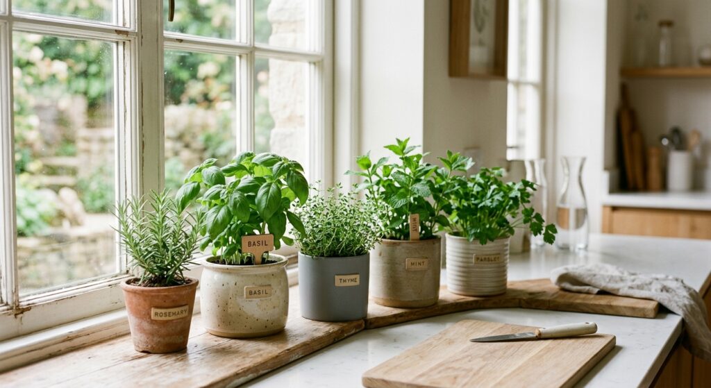 A high-end, editorial-style photograph of fresh green herbs in ceramic pots arranged neatly on a sun