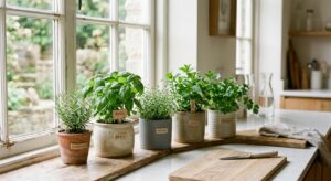 A high-end, editorial-style photograph of fresh green herbs in ceramic pots arranged neatly on a sun