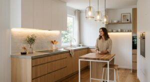 A high-end editorial photograph of a bright, modern small kitchen featuring layered warm LED strip l