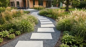 A high-angle, professional editorial shot of a minimalist modern garden path made of large, clean co