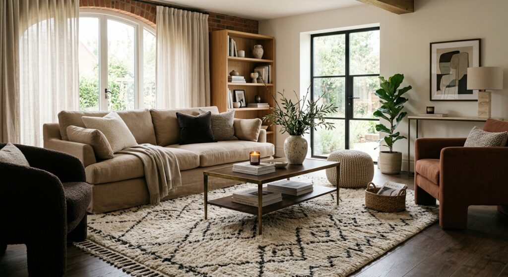 A high-end, editorial-style interior design shot featuring a cozy living room lounge area with a plu