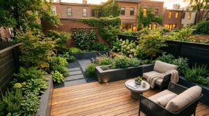 A high-angle, professional editorial shot of a stylish, modern small-space backyard garden featuring