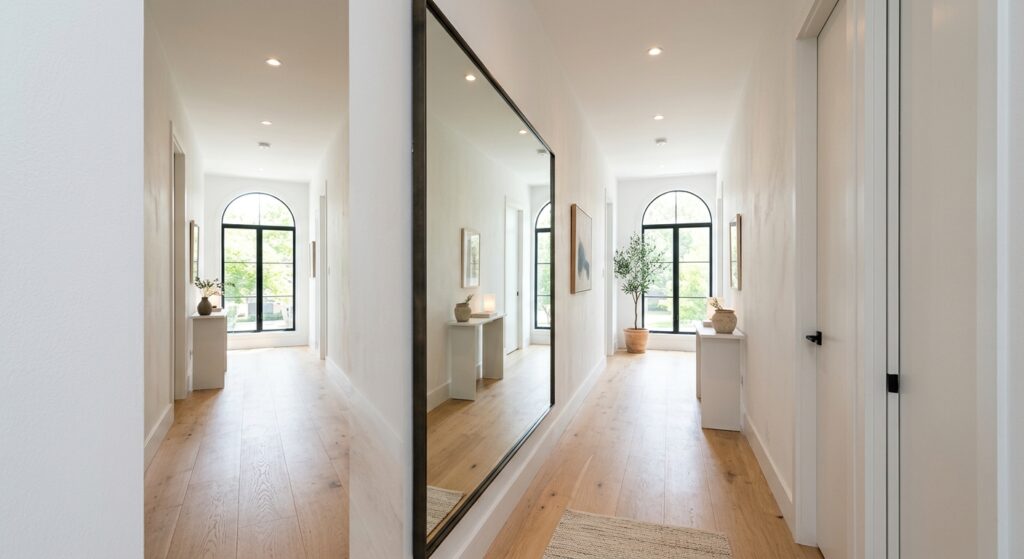 A bright, modern narrow hallway featuring a large, statement floor-to-ceiling mirror that reflects l