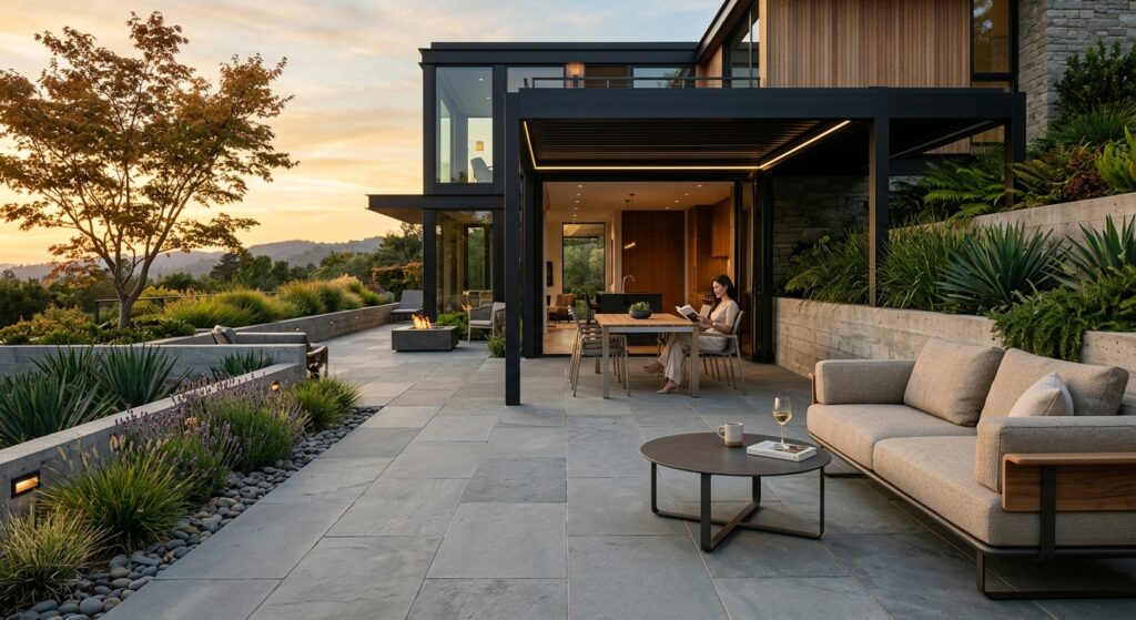 A high-end editorial photograph of a minimalist modern backyard terrace featuring premium stone pave