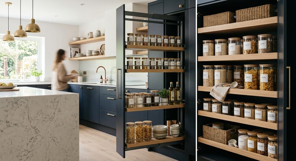 A high-end, editorial-style photograph of a modern kitchen interior featuring a fully extended pull-
