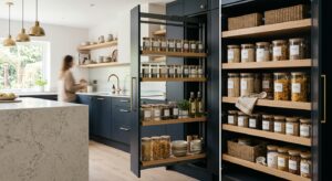 A high-end, editorial-style photograph of a modern kitchen interior featuring a fully extended pull-
