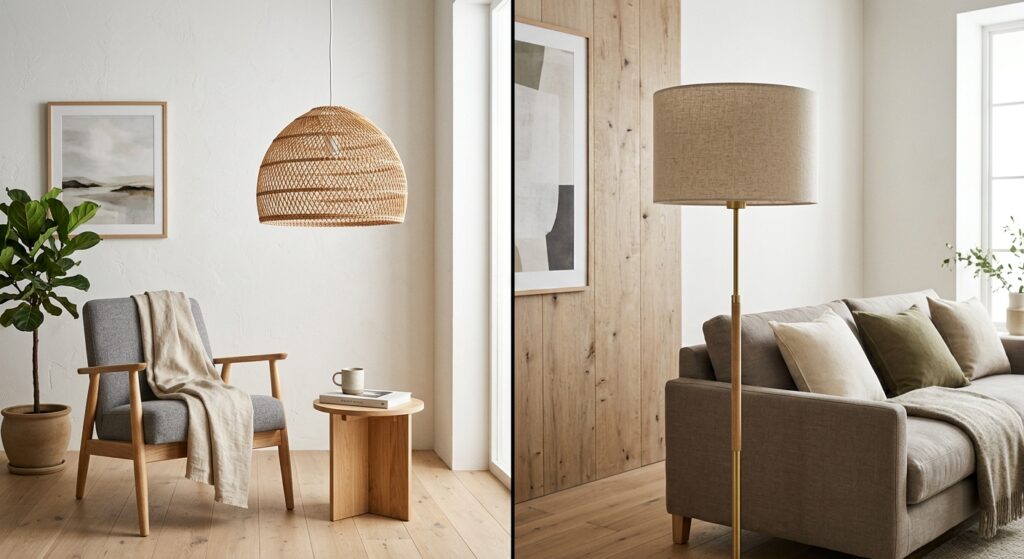 A professional interior design editorial shot showcasing a split-screen composition featuring a tren