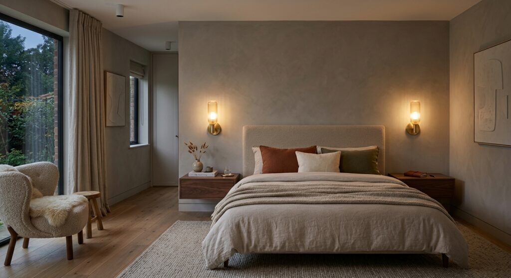 A professional interior design photograph of a cozy modern bedroom featuring elegant wall-mounted sc